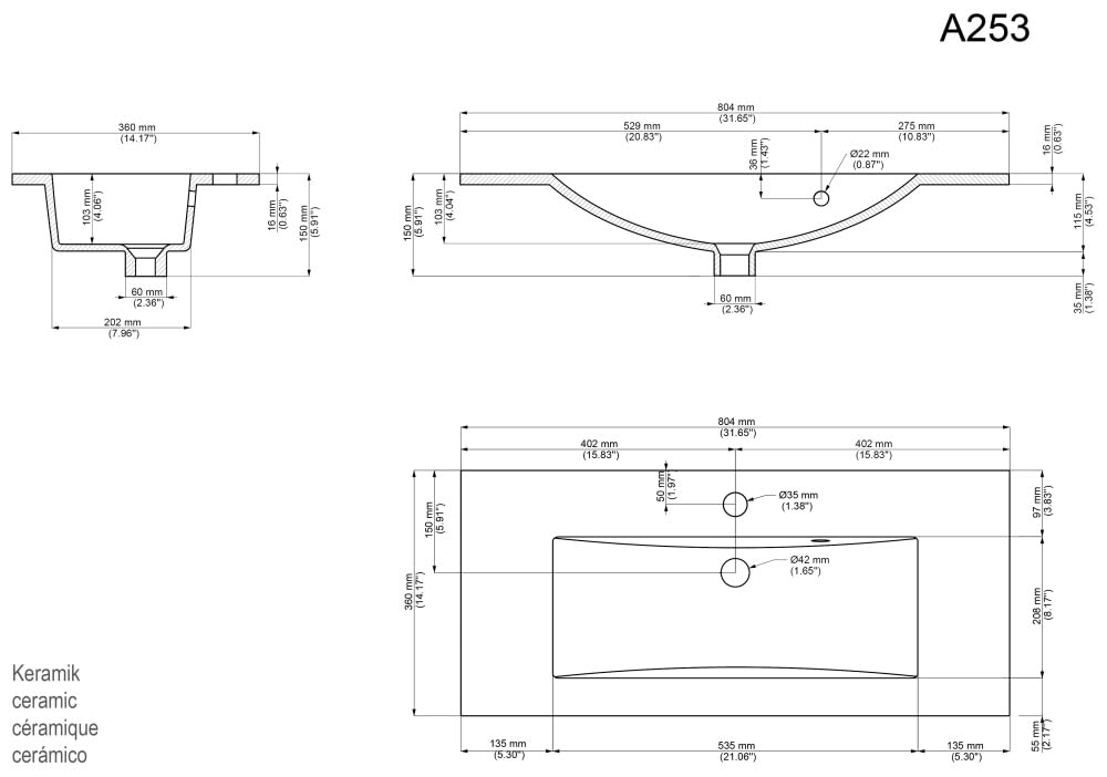 Badmöbel Mars 800 SlimLine mit Keramik Waschbecken, Weiß Hochglanz, 80 cm | SoftClose, Unterschrank mit 2 Schubladen, für Badezimmer