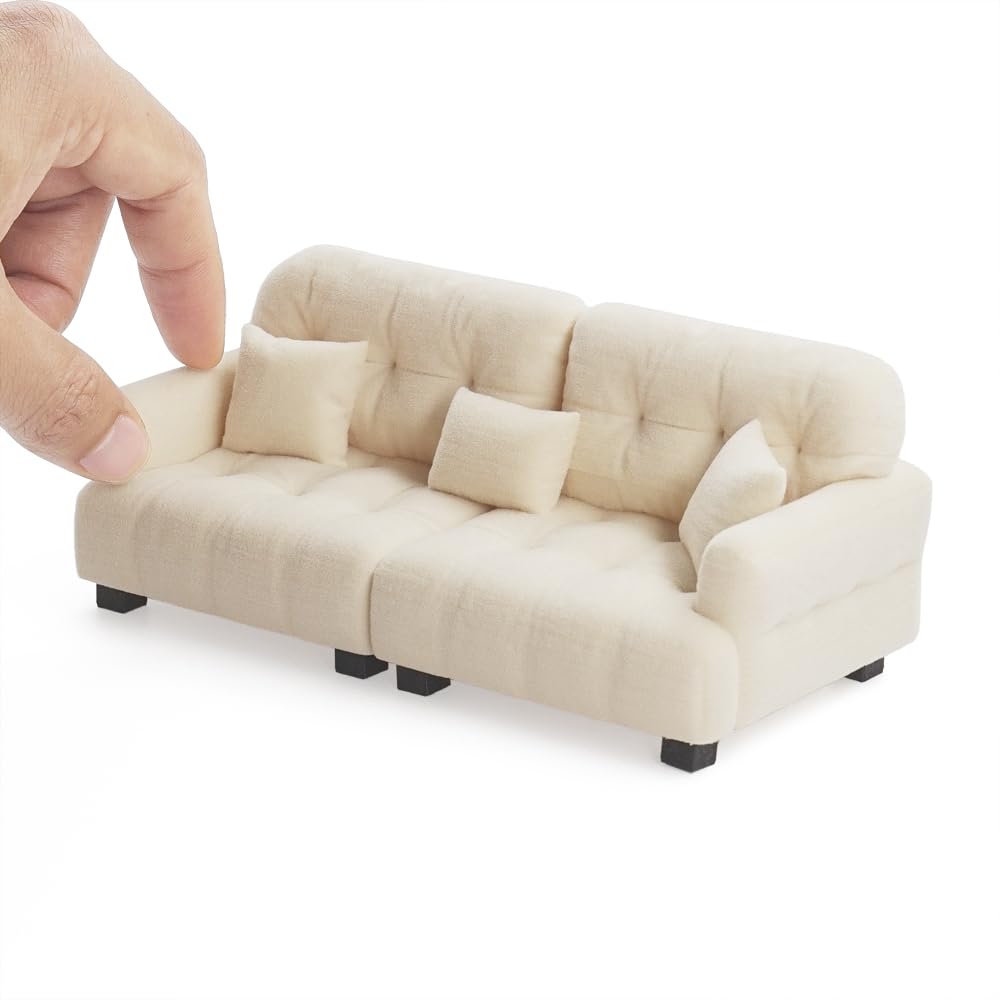 Odoria Dollhouse Couch Miniature Sofa: 1/12 Scale Loveseat for Living Room Bedroom Diorama - Mini Double Seat Armchair Modern Beige - Tiny Settee Plastic Furniture