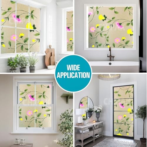 Image of CHIPAK Premium Vinyl Privacy Stained Window Glass Film (18x100 Inch) - Self-Adhesive Decorative Sticker Opaque Sheet Tint Wallpaper for Glass Cover Window, Door, Office.| Anti-UV. Pink Yellow Flowers