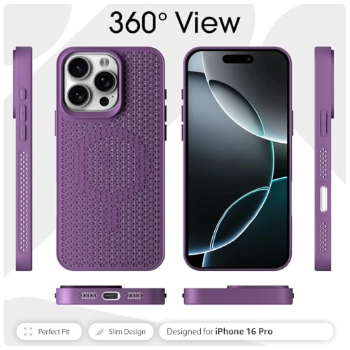 Image of Pikkme Back Cover for iPhone 16 Pro | Honeycomb Cooling Design | Silicone Heat Dissipation | Mag-Safe Compatible | Shockproof Camera Protection Bumper Case (Purple)
