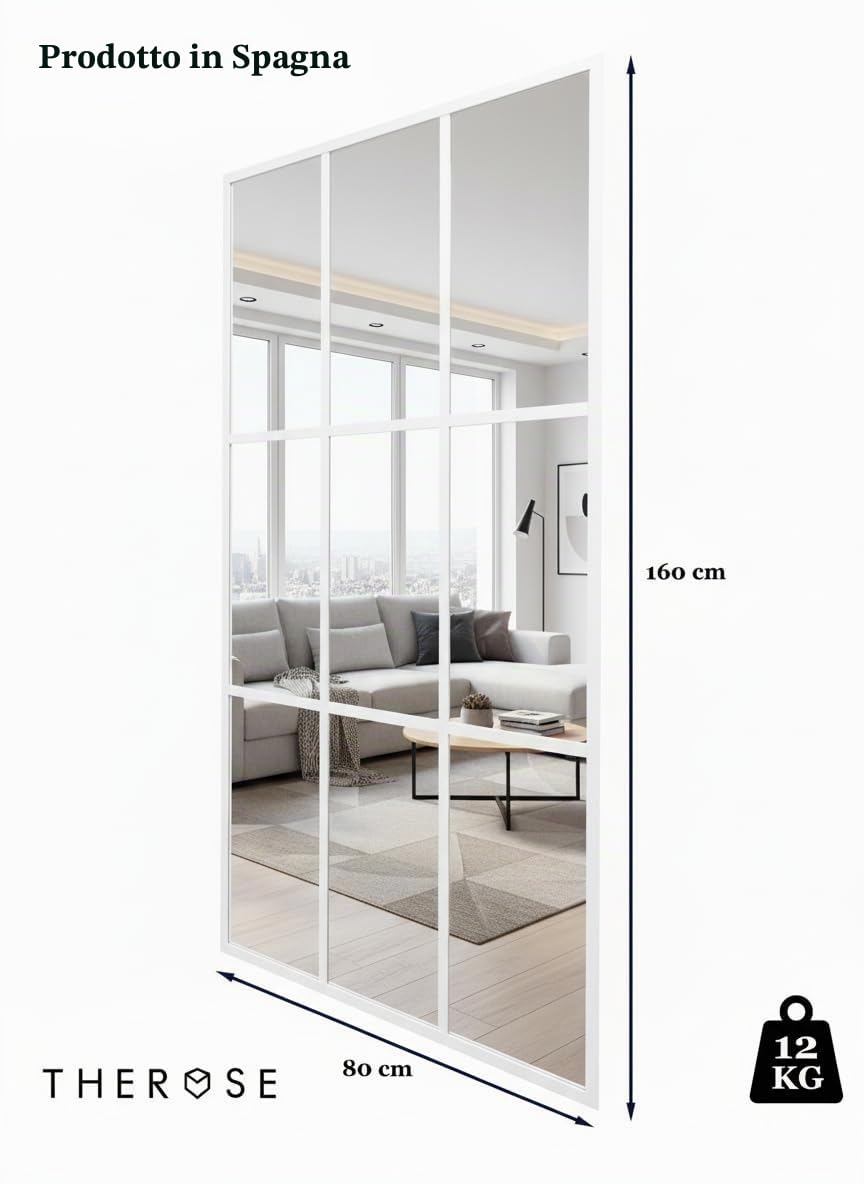 THEROSE Specchio industriale a finestra, cornice in alluminio, specchio a finestra, 160 x 80 cm, da parete, camerino (bianco)