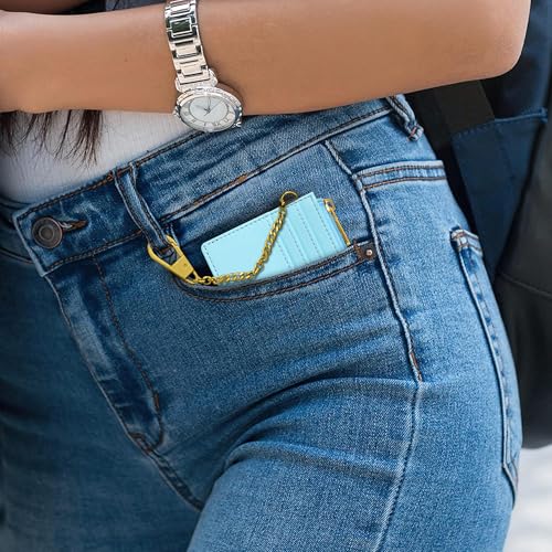 Image of SEAVILIA Card Holder Keychain Wallet for Women with ID Window RFID Coin Purse Bee Gifts Slim Minimalist Small Wallet, Blue, 4.4 x 3.38 inches, Minimalist