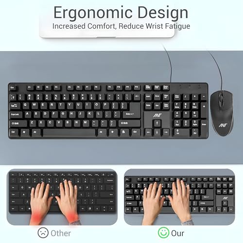 Image of Ant -Wired Full-Size Keyboard and Mouse Combo - Computer Accessories for Laptops and PCs, Ergonomic Design, Silent Keys, USB Connection, Compact Mouse, QWERTY Keyboard - Black, 02