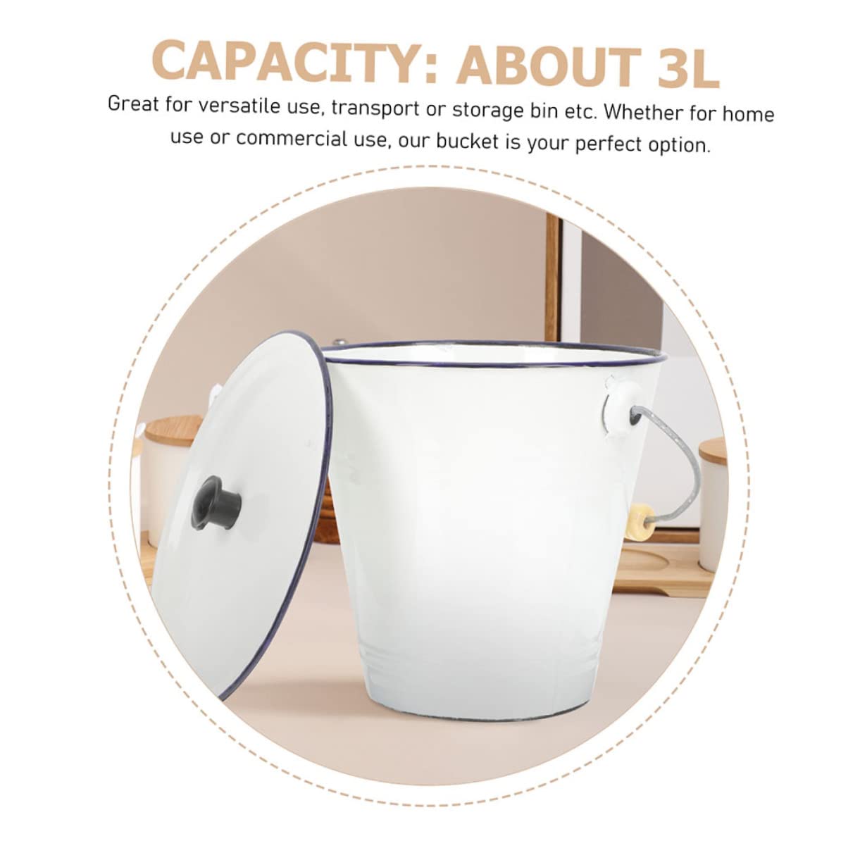 PRETYZOOM Enamel Bucket with Lid, Enamelware Compost Bin Metal Pail Trash Can Dog Food Container Rice Dispenser Flower Vase Chamber Pot for Home Garbage 7L