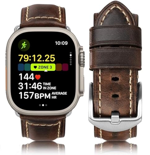 HUAFIY Compatible iWatch Band 38mm 40mm 41mm42mm, Top Grain Leather Band Replacement Strap iWatch Series 10/9/8/7/6/5/4/3/ 2,1,Sport, Ultra (Retro Coffee+silver Buckle, 38mm 40mm41mm)