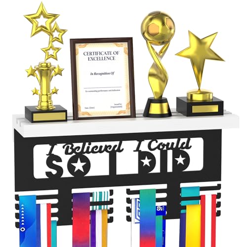 Image of Medal Holder Display Trophy Shelf Organizer, Sturdy Wooden Race Award Hanger Rack with 25 Steel Hooks, Wall Mount Storage Stand for Sports Fans, Cheer Success
