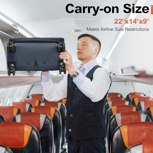 Image of Kono Carry On Luggage Softshell Suitcase with Spinner Wheels, 20in | 22x14x9 Airline Approved Lightweight Travel Suitcase with TSA Lock, Spinner Wheels, Durable Zipper Navy
