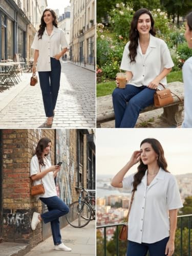 Image of Leriya Fashion Shirts for Women | Cuban Collar Textured Half Sleeve Button-Down Casual Shirt | Relaxed Fit Shirt Everyday Office Wear & Vacation Wear