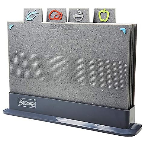 Grau Marmor Schneidebrett Set rutschfest 4er Set Farbkodierte Schneidebretter Inklusive Ständer Spülmaschinenfest für Obst Heißes Fleisch Fisch Cover