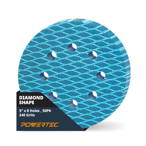 Image of POWERTEC 5 Inch 8-Hole Hook and Loop Diamond Shaped Sanding Discs, 50PK, 240 Grit for Random Orbital Sanders - J-Weight Cloth Backing for Long Life, Anti-Clog Sandpaper (44924)