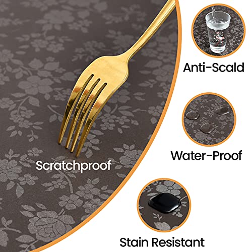 Image of Romanstile Waterproof Vinyl Tablecloth Round, 60 x 60 Inch, Rose Coffee | Flannel Backing Wipeable Table Cloth, Heavy Duty Plastic PU Table Cover for Kitchen Dining, Indoor & Outdoor Use