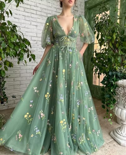 UZN Puffy Sleeves Prom Dresses for Women 2023 Long Tulle Flower Embroidery V Neck Formal Evening Party Gowns3