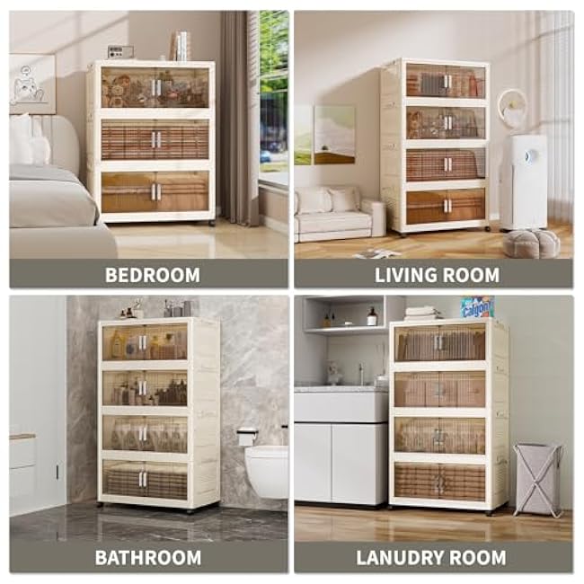 KHNR 550Qt Stackable Storage Bins with Lid, 5Packs Closet Organizer and Storaging Drawer, Collapsible Storage Box with Wheels, Plastic Clothes Storage Cabinet Containers for Home, Office