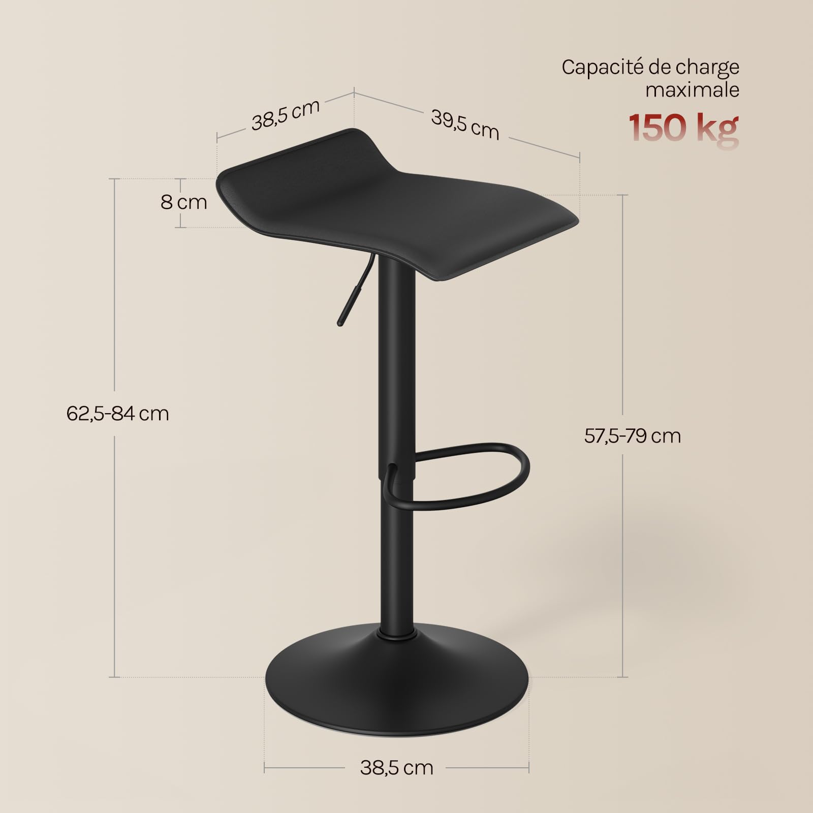 WOLTU Tabouret Bar Lot de 2, Chaise Haute Cuisine, Pivotant à 360°, Hauteur Réglable, pour Bar, Cuisine, Comptoir, Café, PVC+Métal, avec Repose-Pieds, Noir+Noir