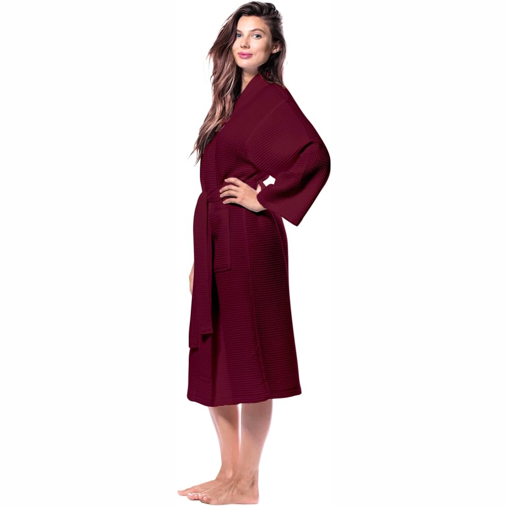 Enchant Home Maroon Cotton Waffle Bathrobe for Women and Men, Lightweight Soft Unisex Knee Length Cotton Robe, Premium Comfortable Dressing Gown for Home Loungewear Use and Relaxation Bathrobe 2