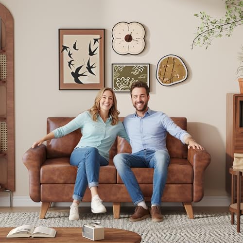 Yvsevnr Couch 2 Sitzer Leder Braun Kleines Sofa mit Armlehnen und Beine aus Massivholz Schlafsofa 167 cm Breit, Einfache Montage, Sitzsofa für Jugendzimmer Wohnzimmer Schlafzimmer Büro Wohnung