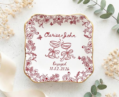 LOVELYPOD Personalized Floral Engagement Trinket Tray Custom Couple Name Jewelry Dish Personalized Wedding Gift for Couple Bridal Shower Gifts Sentimental Gift for Bride 01