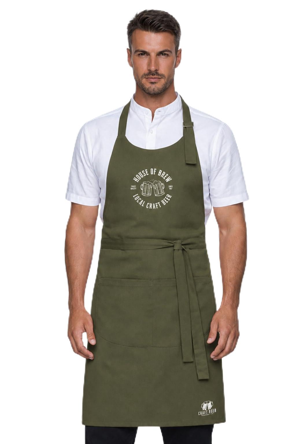NXT-Horizon Custom Logo Apron, Personalised Restaurant & Catering Apron, Adjustable Neck Strap, Large Pocket, Cotton Twill Hospitality Uniform for Bar, Café, Brewery & Kitchen Staff (Olive)