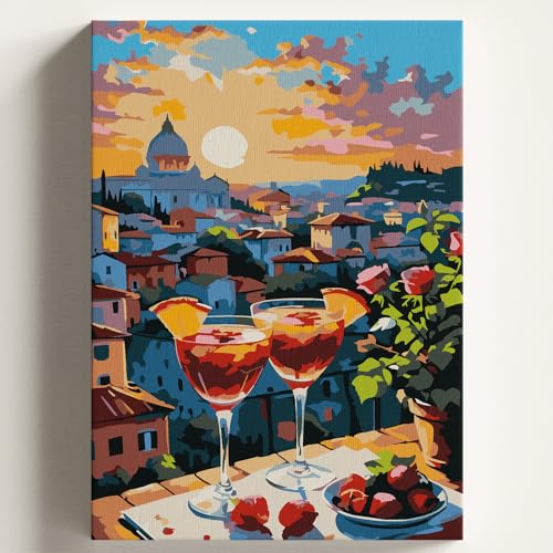 Sayılarla Boyama Tuval Hobi Seti Kokteyl Manzara Temalı Fırça ve Boya Dahil Set (Çıtalı) 40x50 CM Kendin Yap Sayılarla Tuval Boya Kiti (Kasnaklı)
