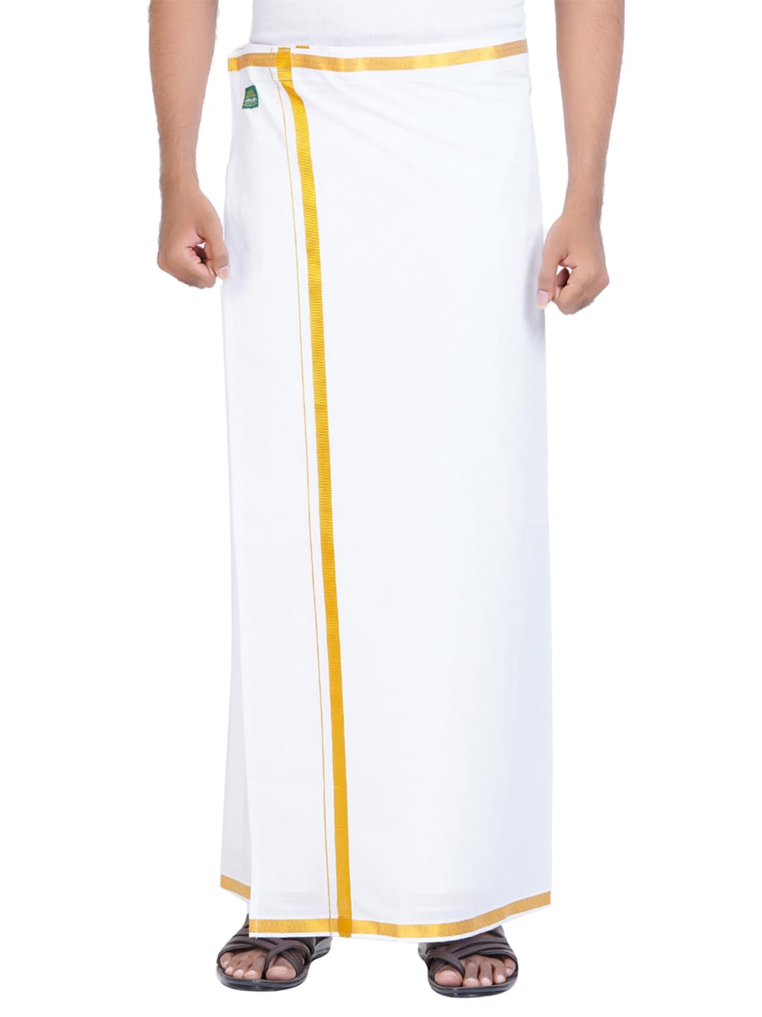Men’s Pure Cotton Adjustable Velcro Dhoti with Gold Zari Border – Ready to Wear South Indian Vesti, White Traditional Wedding & Temple Wear-image-46