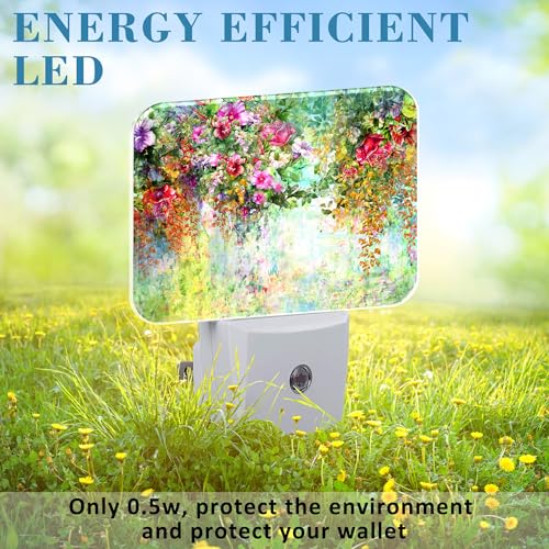 Image of Abstract Watercolor Flowers Night Light Flowers Oli Painting Nightlight Plug into Wall with Dusk to Dawn Sensor for Kid Girls Boys Women Men Room, Hallway, Kitchen, Bathroom, Stairs Decor