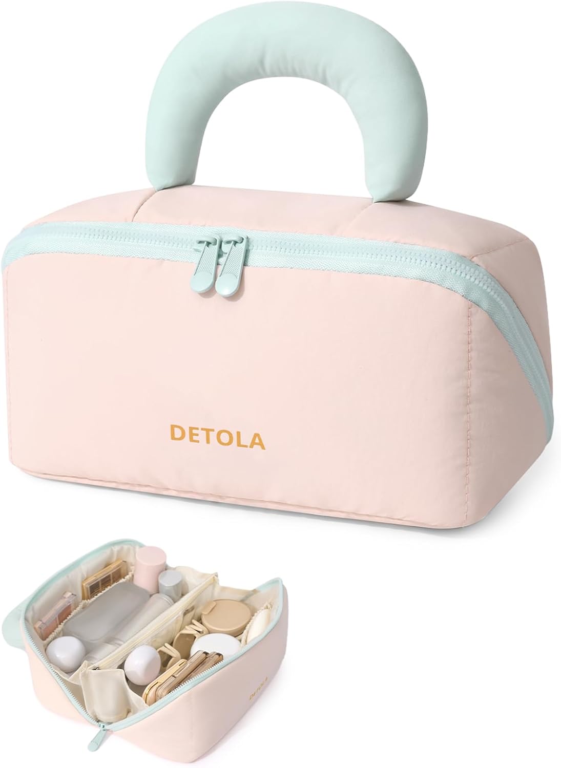 Detola Travel Makeup Bag Cosmetic Bag for Women, Large Capacity Make up Organizer Pouch Water Resistant Open Flat Toiletry Bag with Compartments and Padded Cotton Handle, Pink Detola Travel Makeup Bag Cosmetic Bag for Women, Large Capacity Make up Organizer Pouch Water Resistant Open Flat Toiletry Bag with Compartments and Padded Cotton Handle, Pink