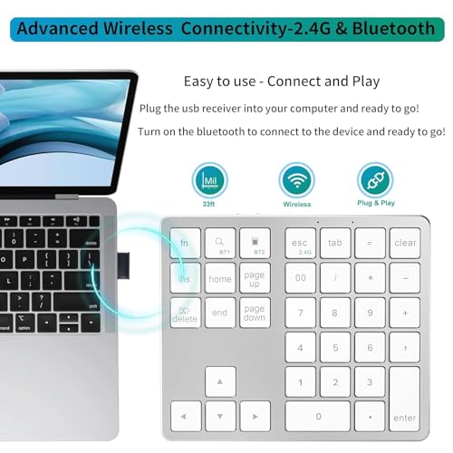 Image of Tobo Wireless Numeric Keypad 35 Keys, Bluetooth+2.4GHz, 500mAh Rechargeable, 365 Days Standby, Quiet Keys, Aluminium Number Pad for Laptop Desktop PC (TD-K35)