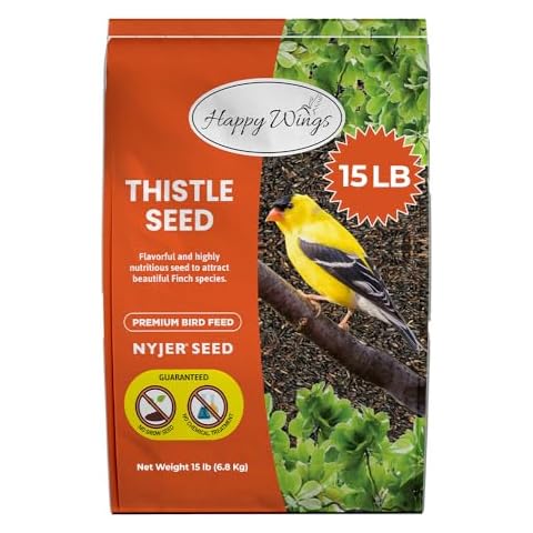Happy Wings Nyjer Thistle Seeds for Wild Birds 15 lbs No Grow Premium Bird Seed Attracts Finches, Goldfinches, Ideal for Year-Round Feeding High in Protein and Energy. Cover