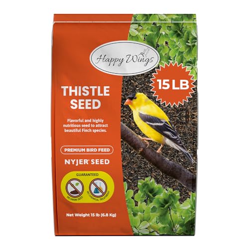 Happy Wings Nyjer Thistle Seeds for Wild Birds 15 lbs No Grow Premium Bird Seed Attracts Finches, Goldfinches, Ideal for Year-Round Feeding High in Protein and Energy.