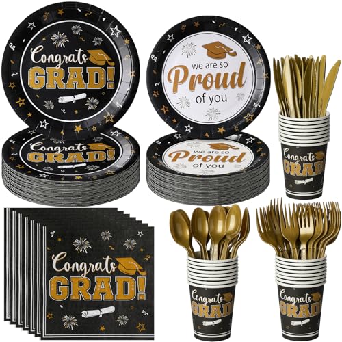 Graduation Party Supplies Decorations Serve 25, 2026 Graduation Party Plates and Napkins Set, Black Gold Disposable Paper Plates Napkin for College High School Graduation Congrats Grad Party Supplies