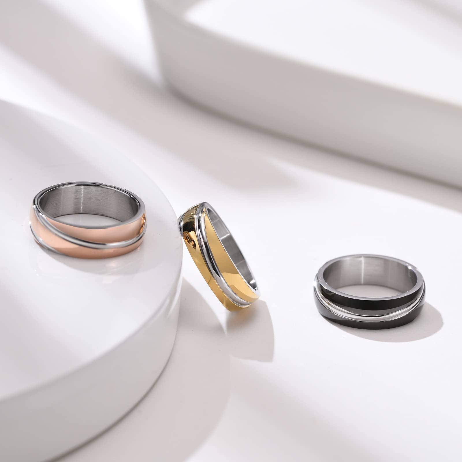 Anillo de Acero Inoxidable, Anillos para Mujeres y Hombres, Sarga Pulida de 6 mm, Ajuste cómodo, tamaño J 1/2-Z, Negro/Rosa