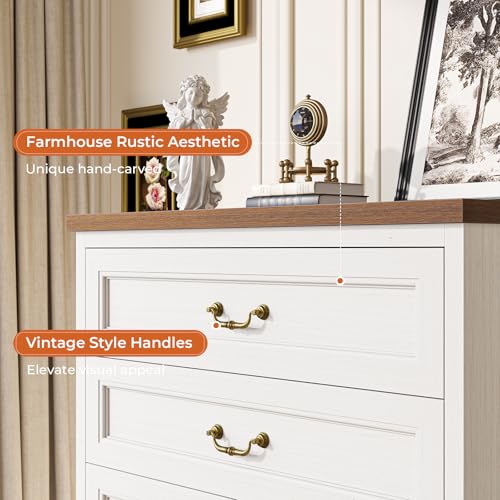 Hasuit Farmhouse 6 Drawer Dresser for Bedroom, 51.3\" Tall Wood Dressers Chest of Drawer, Rustic Storage Cabinet Organizer with Large Drawer and Vintage Handle, White Dresser for Bedroom Closet Hallway