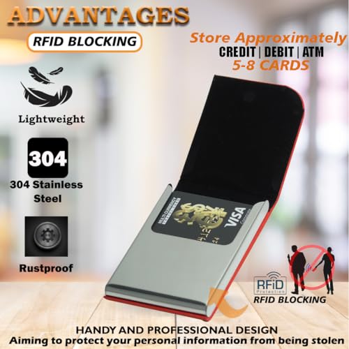 Image of Luxurious Unisex Pocket Card Holder Design 15-20 Business Card and 5-8 Card Debit Credit Ultrathin Stainless Steel 9.5 X 6.5 x 1.2 cm Size RFID Blocking Corporate Gift for Employee (Red-PTI)