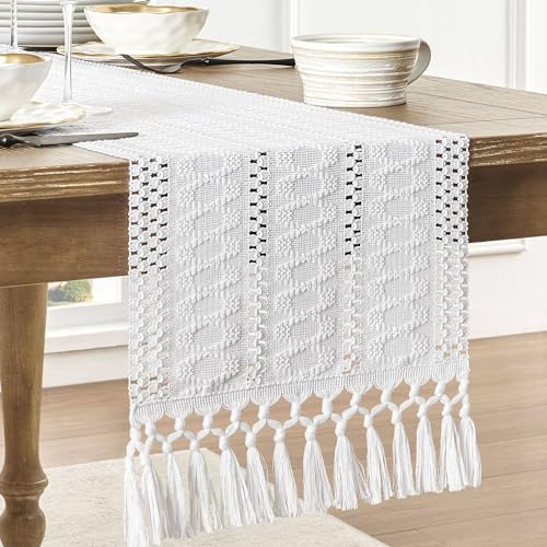 Image of ZeeMart Macrame Style Boho Table Runner, White Table Runners 48 Inches Long, Farmhouse Woven Home Decor, 12x48 Inch, White