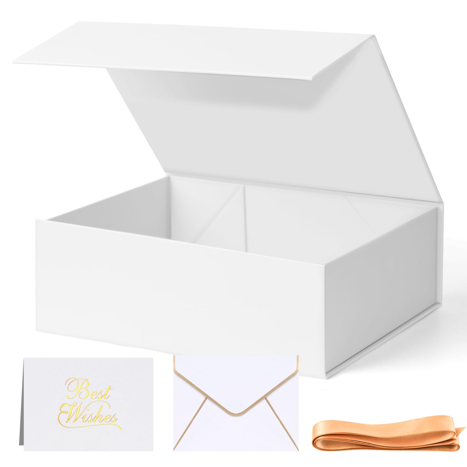 Shindel White Gift Box, Bridesmaid Proposal Box, 9.4"x5.9"x3" Magnetic Closure Gift Box with Ribbon Greeting Card, Magnetic Gift Box with Lid for Presents Wedding Birthday