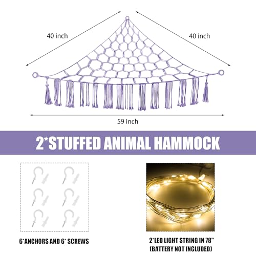 Image of CERETIA Stuffed Animal Hammock with LED Light, Large Stuffed Animals Storage Corner Plushie Net for Kids Room Decor, 2 Packs Purple