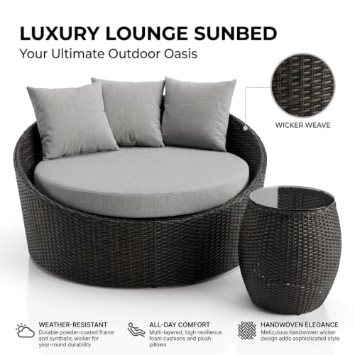 Image of BRISHI Outdoor Patio Round Daybed /Sunbed /Swimming Pool Side /Sun Lounger /Garden /Terrace /Balcony /Wicker and Rattan Daybed (Black /Grey)
