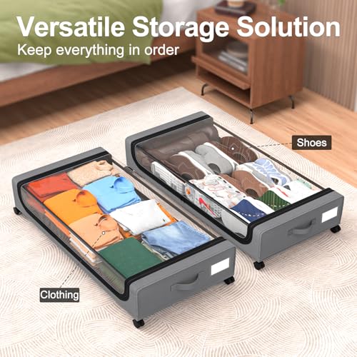 Image of GoMaihe Under Bed Storage with Wheels: 70L Underbed Storage Containers with Lids - Rolling Bins for Shoes Clothes in Dorm Bedroom - Metal Drawers Easy Pull-out Grey 2-Pack