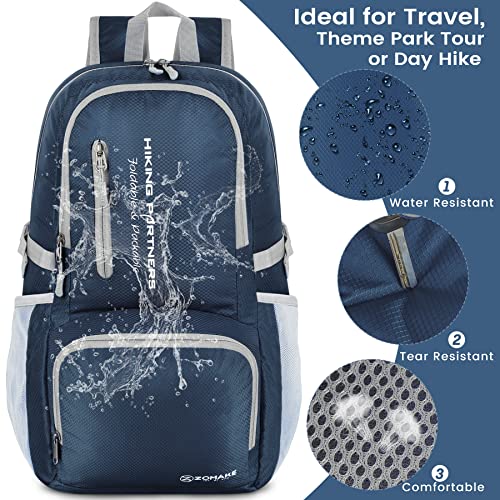 Image of ZOMAKE Lightweight Packable Backpack, 35L Foldable Daypack (Navy Blue) | Light Hiking Backpacks Water Resistant Collapsible Day Pack for Travel, Everyday Carry, Multi-Pocket Layout, Heavy Duty Nylon
