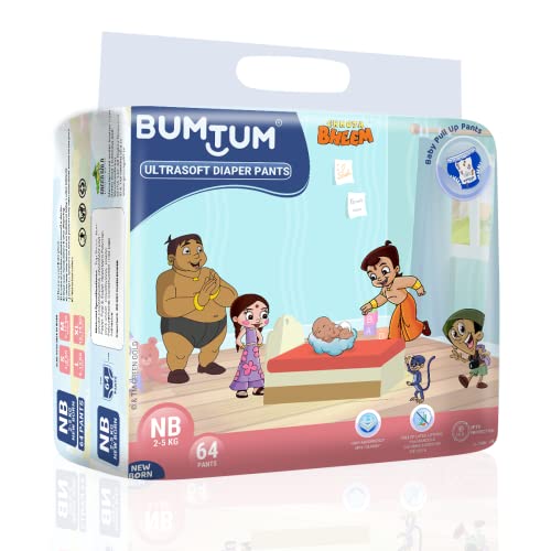 Image of Bumtum Chota Bheem New Born Baby Diaper Pants, 60 Count, Leakage Protection Infused With Aloe Vera, Cottony Soft High Absorb Technology (Pack of 2)