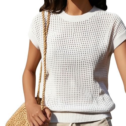 Danny D Women's Crewneck Crochet Top Summer Hollow Out Beach Cover Up Through Top Knit Pullover Short Sleeve Tees Shirts