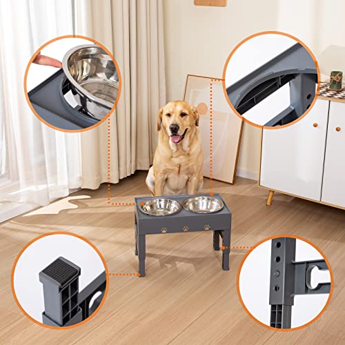 Elevated Dog Bowls with 2 Stainless Steel Bowls, Raised Dog Food Bowl Stand 5 Height Adjustable (3.1", 9", 10", 11", 12") Non-Slip Feeder Set for Medium and Large Dogs - Gray - Image 4