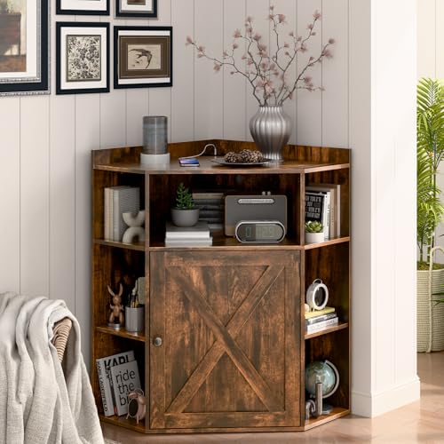 Image of Halitaa Corner Storage Cabinet, Farmhouse Corner Bookshelf with Storage 6-Cubby Wooden Cabinet with USB Ports and Outlets Industrial Organizer for Small Space, Study, Playroom, Living Room