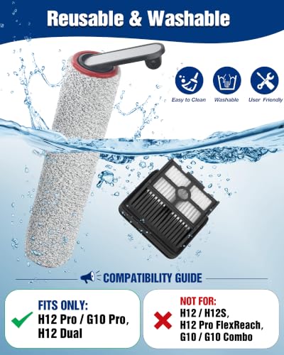 Image of Roller Brush + HEPA Filter for Dreame H12 Pro, H12 Dual & G10 Pro, 2+2 Pack | NOT for G10, G10 Combo, H12, H12 Max or H12 Pro FlexReach. Soft washable roller + HEPA for wood, tile, marble & laminate.