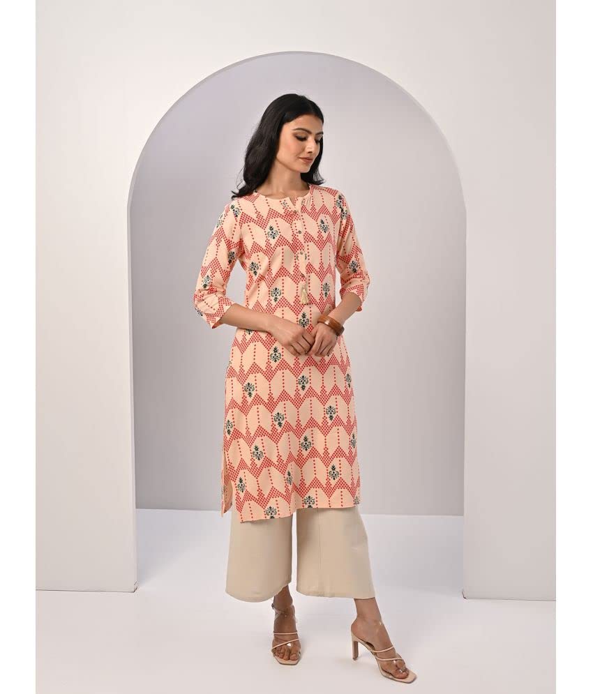 Image of rangita Peach Rayon Calf Length Printed Straight Kurti for Women | Kurta for Women