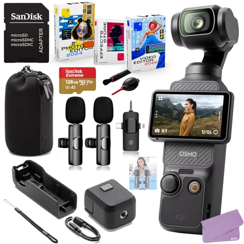 Image of DJI Osmo Pocket 3 Vlogging Camera with 4K, 3-Axis Stabilization, Fast Focusing, Face/Object Tracking Bundle + Accessories Including 128GB Card, Wireless Microphone Sys, Pouch, Software (Renewed)