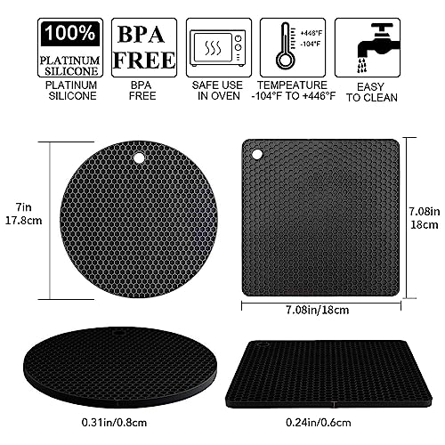 Image of Silicone Trivet Mats, 4 Pack Silicone Pot Holders for Hot Pan and Pot Pads, Heat Resistant Counter Mats for Tables, Countertops, Spoon Rest and Large Coasters, Black & Gray (2 Squared + 2 Round Mats)