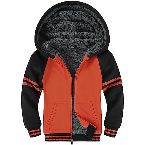 V VALANCH Boys Hoodie Zip Up Fleece Lined Jacket Warm Sherpa Hooded Sweatshirts for Boys Girls 6-15 Years Orange 12-13 Years