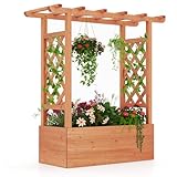 HAPPYGRILL Cama de jardín elevada con enrejado, maceta elevada de madera con techo colgante, agujeros de drenaje y paneles inferiores extraíbles para trepar flores de vid, maceta de madera para