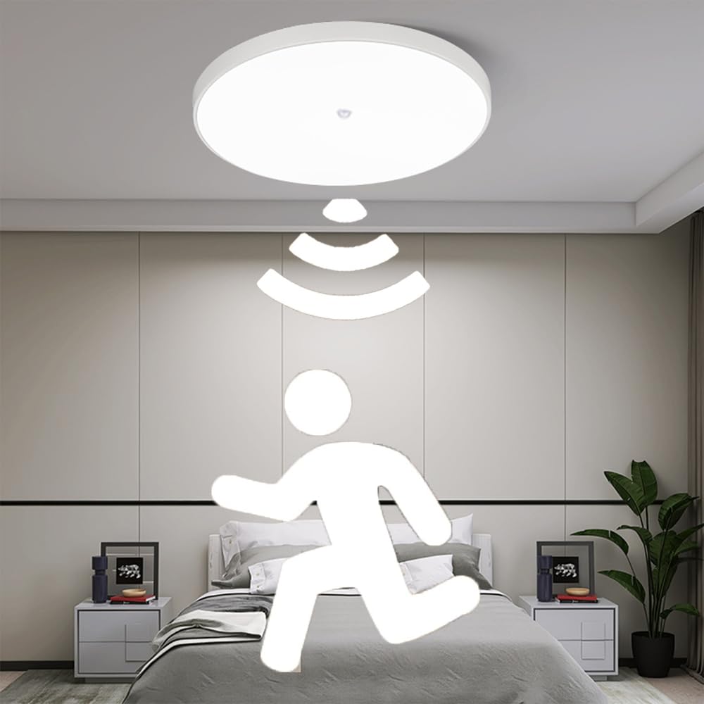 LED Ceiling Light with Motion Sensor, 18W 1800LM Ceiling Lamp, Flush Mount Lighting Cool White 6000K Daylight Round Modern for Bathroom, Kitchen,Bedroom, Hallway, Corridor, Balcony (WHITE, 18W)